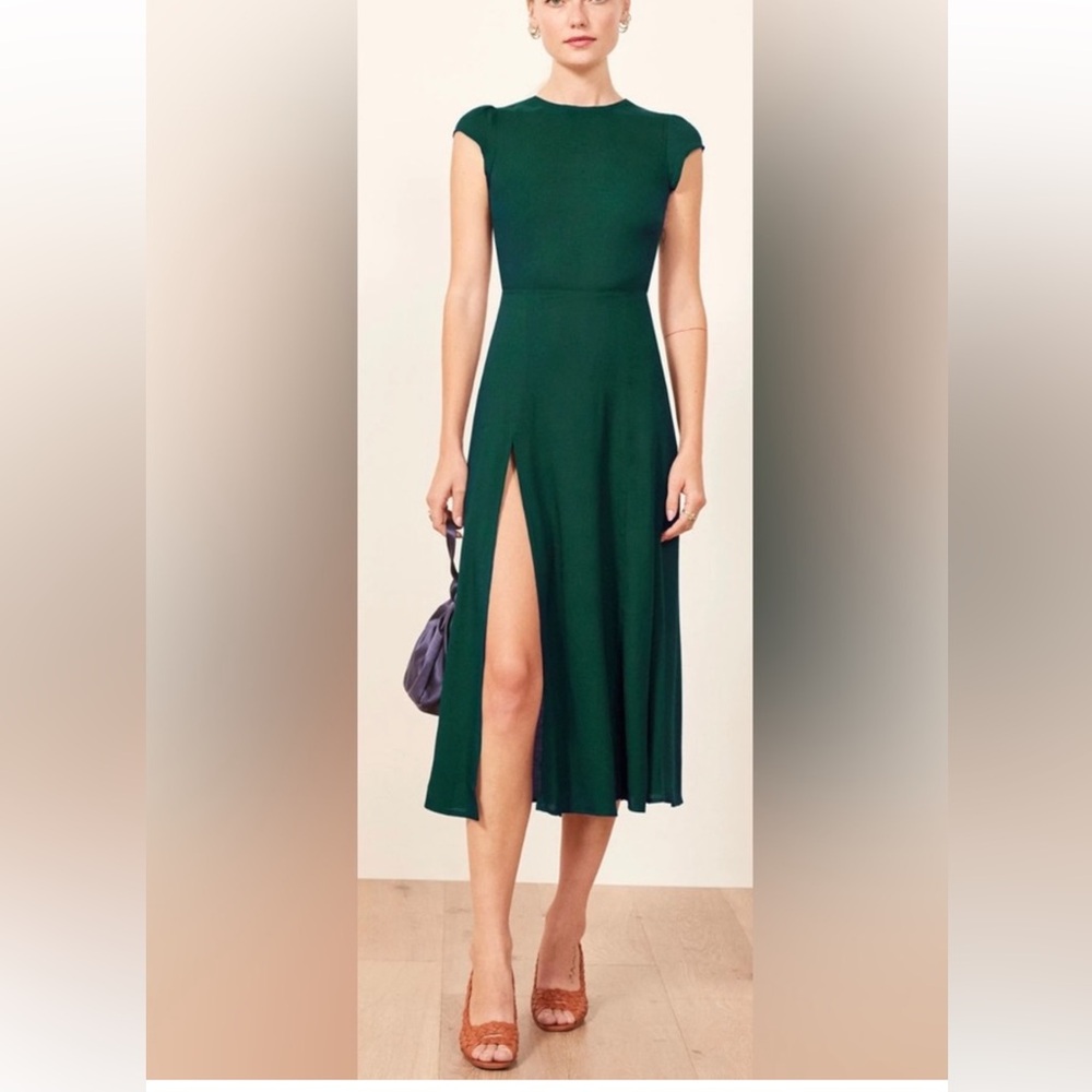 Reformation Forest Green Cap Sleeve Midi Dress with Front Slit